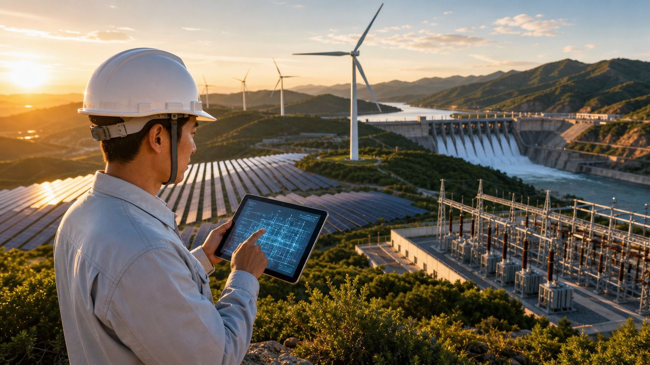Engenheiro com capacete analisa dados numa tablet, numa central de energia renovável com turbinas e painéis solares.