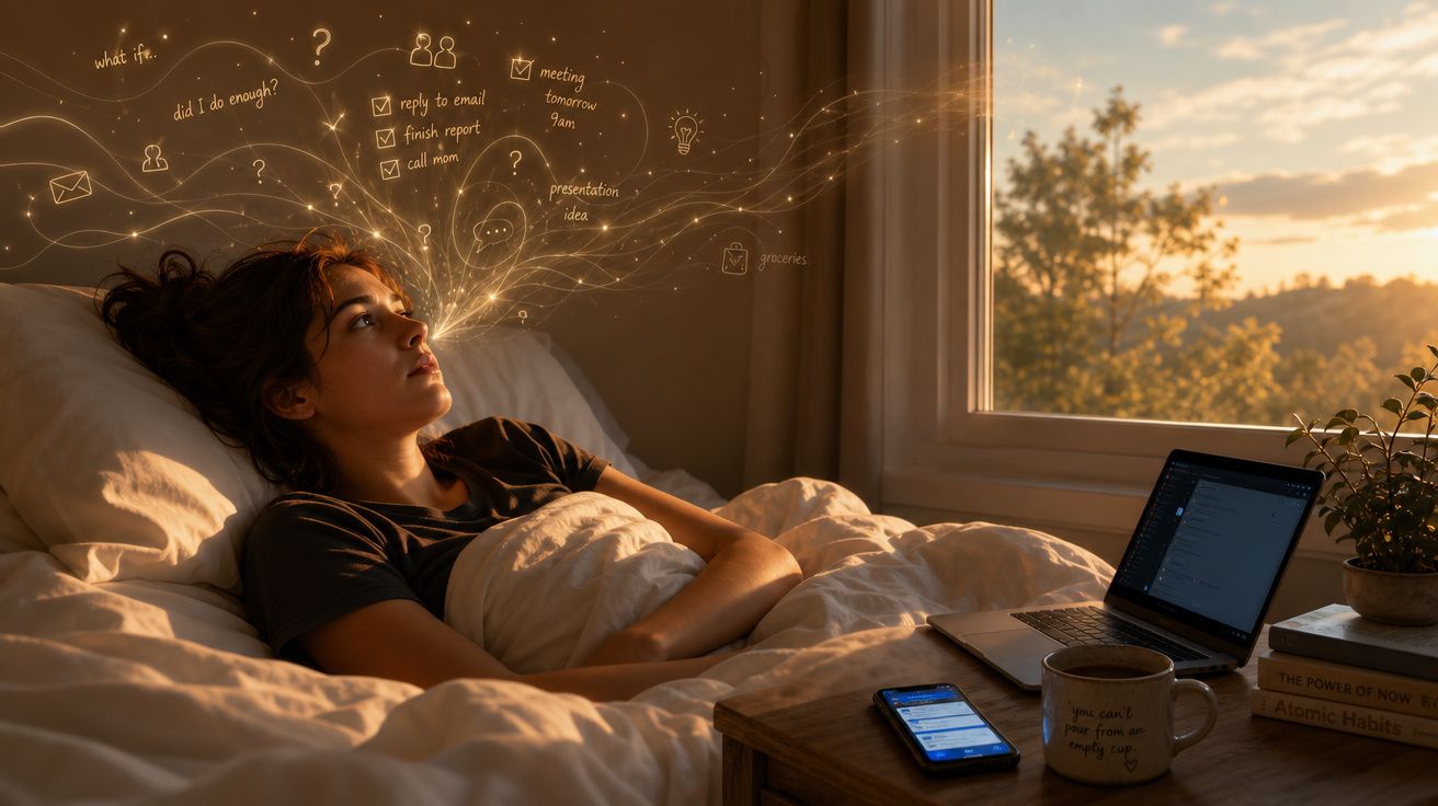Mulher deitada na cama a pensar, com pensamentos ilustrados a fluir da cabeça, num quarto iluminado pelo pôr do sol.