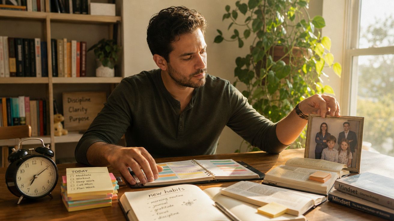 Homem sentado à mesa de estudo a olhar para foto de família, rodeado de livros e agenda organizada.
