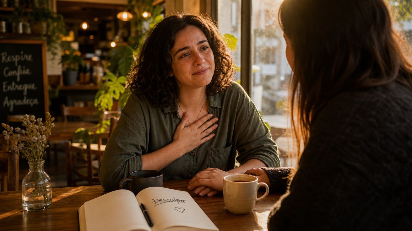 Duas mulheres sentadas numa mesa de café, uma com a mão no peito e expressão tocada, com um caderno aberto a dizer "Desculpa"