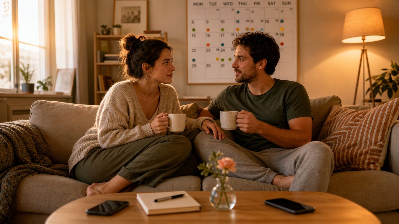 Casal sentado no sofá a conversar e beber café numa sala iluminada com calendário e objetos decorativos ao fundo.