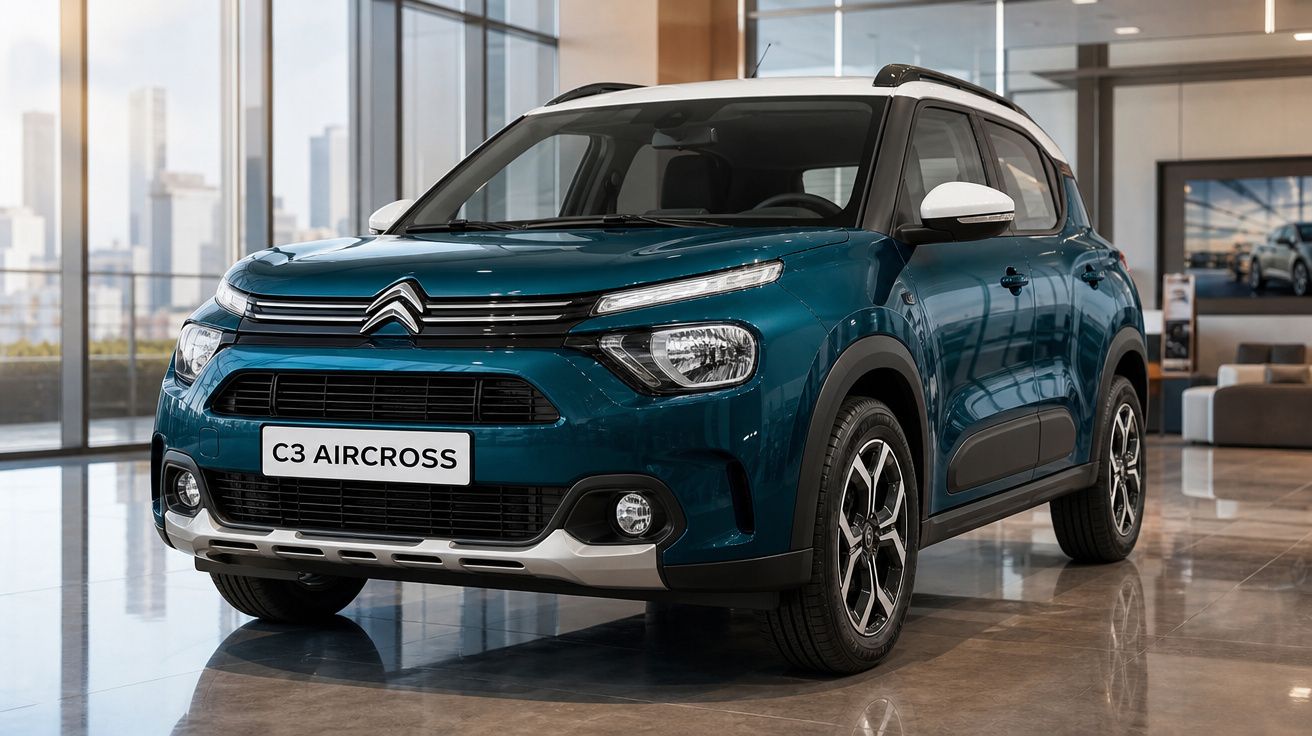 Automóvel Citroën C3 Aircross azul com tejadilho branco, em exposição numa loja moderna.