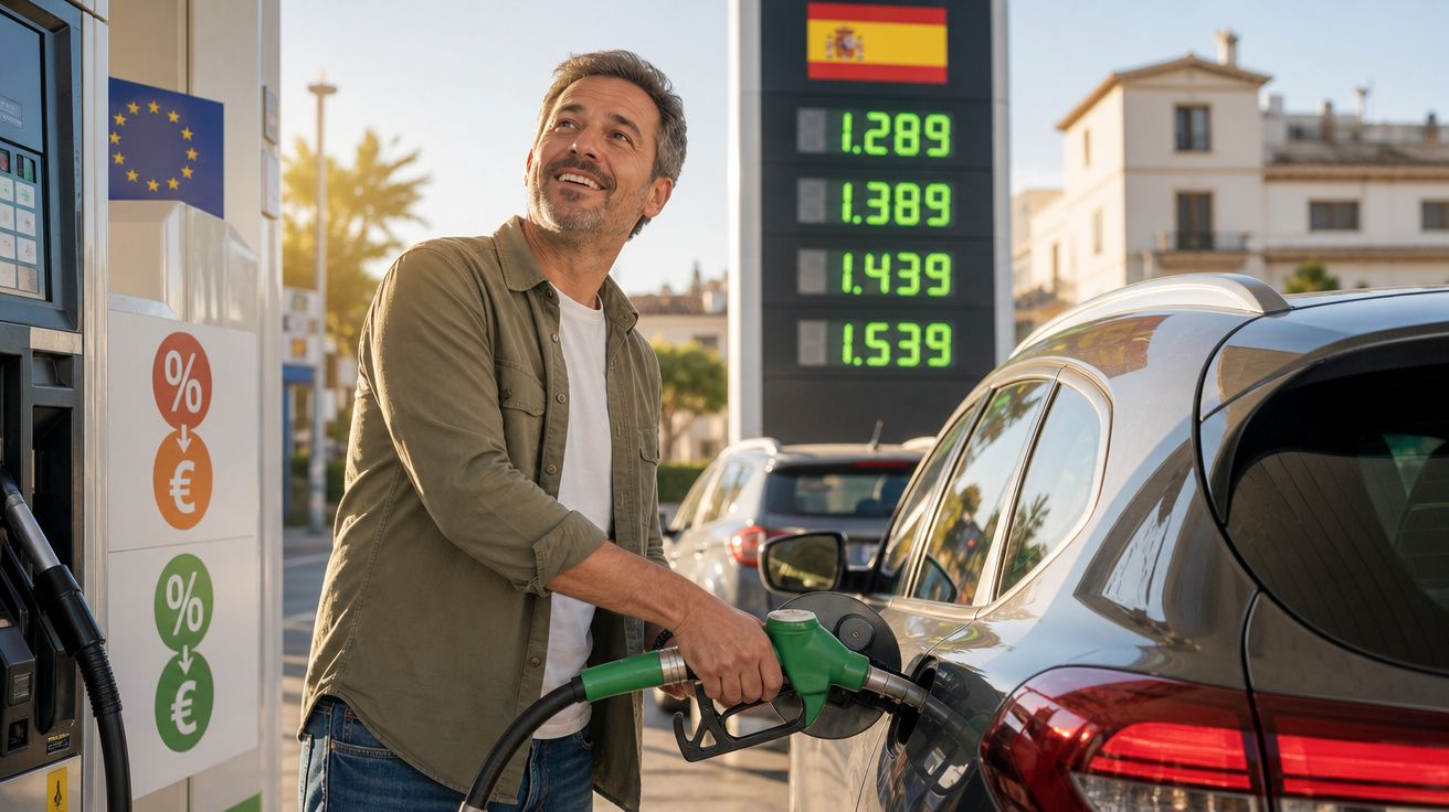 Homem abastece carro numa bomba de gasolina com preços visíveis numa estação em Espanha.