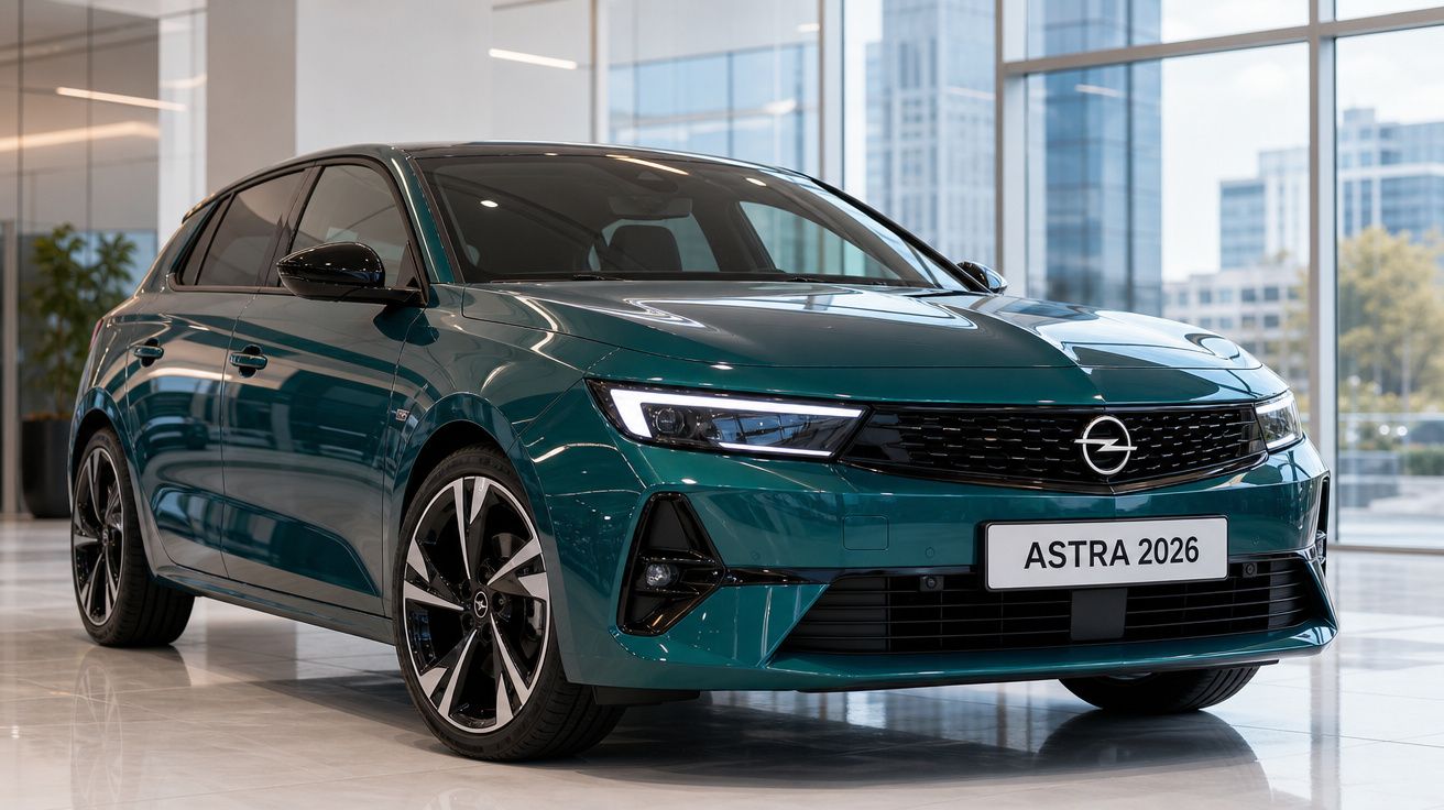 Carro Opel Astra 2026 verde escuro estacionado em interior moderno com janelas grandes e luz natural.