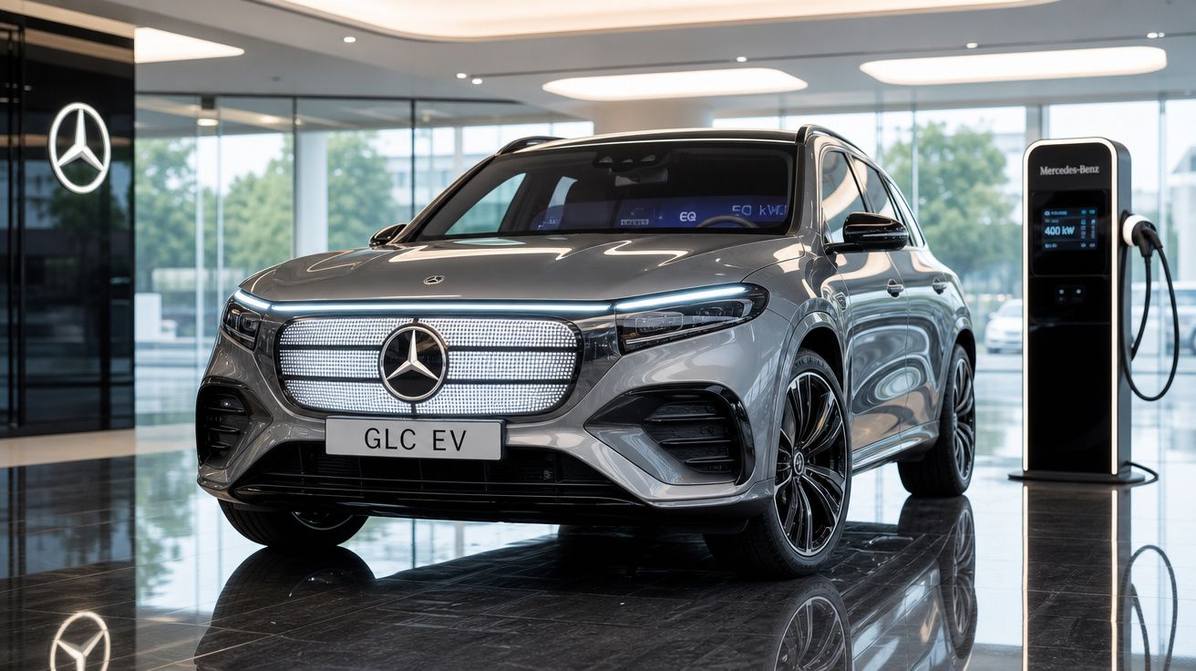 Carro elétrico Mercedes-Benz GLC EV cinza numa exposição com posto de carregamento ao lado.