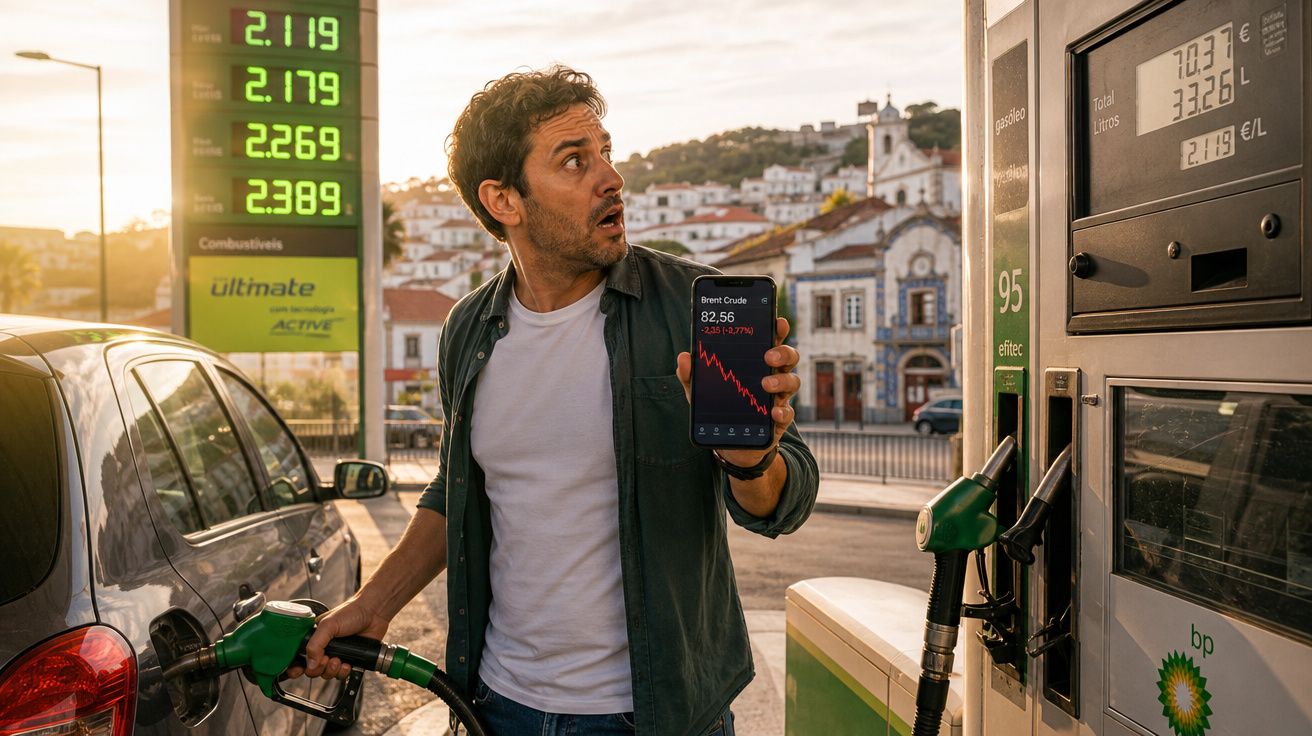 Homem surpreendido verifica no telemóvel queda do preço do petróleo enquanto abastece carro numa bomba de gasolina.