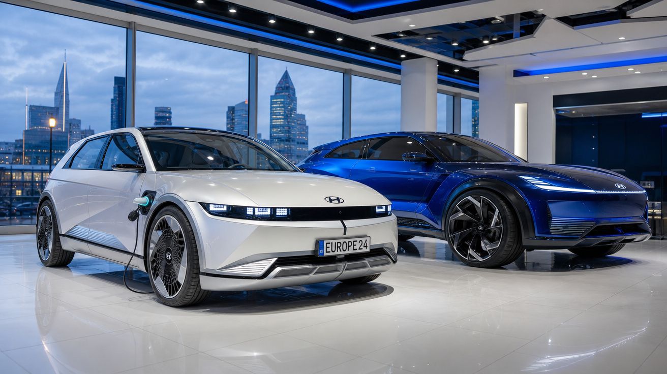Dois carros elétricos modernos Hyundai, um branco a ser carregado e um azul, em exposição interior urbana.