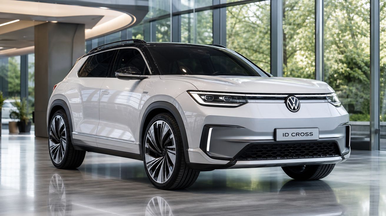 Carro elétrico Volkswagen ID Cross branco estacionado dentro de um edifício moderno e iluminado.