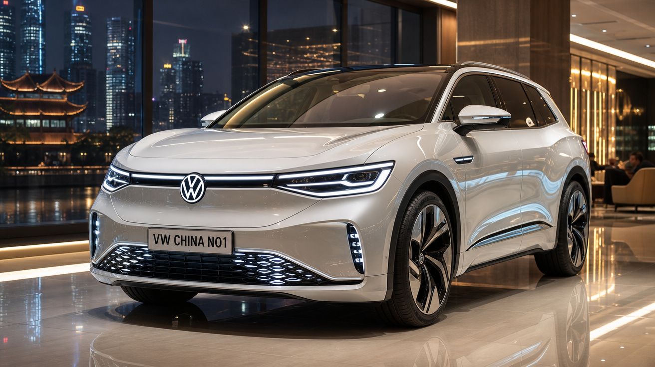 Carro elétrico Volkswagen branco exposto num salão moderno com vista noturna da cidade ao fundo.