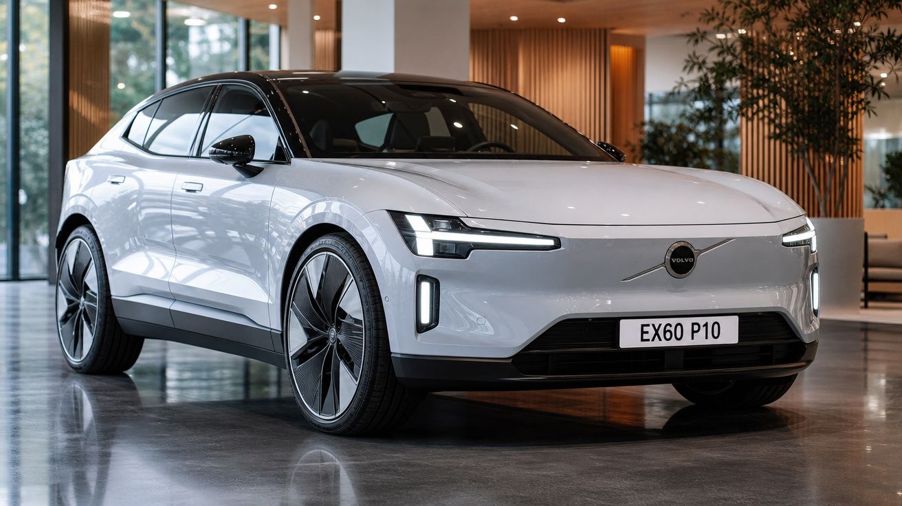 Carro elétrico Volvo branco estacionado em ambiente interior moderno, com design aerodinâmico e faróis LED.