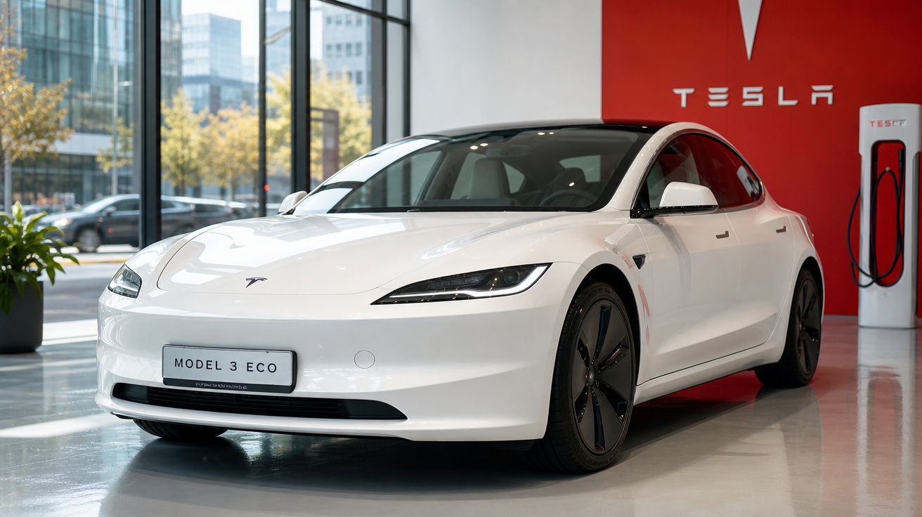 Carro eléctrico Tesla Model 3 Eco branco num showroom moderno com logo e estação de carregamento Tesla.