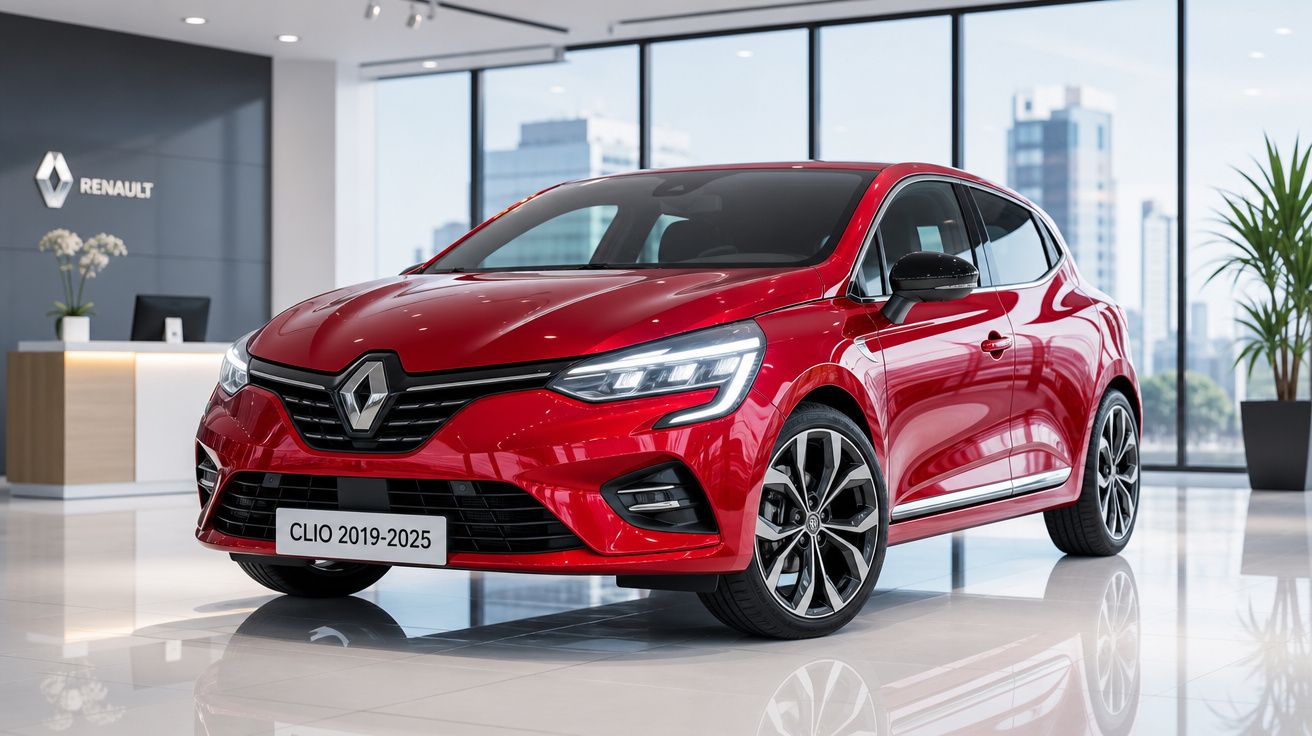 Automóvel vermelho Renault Clio 2019-2025 em exposição numa sala moderna com grandes janelas.