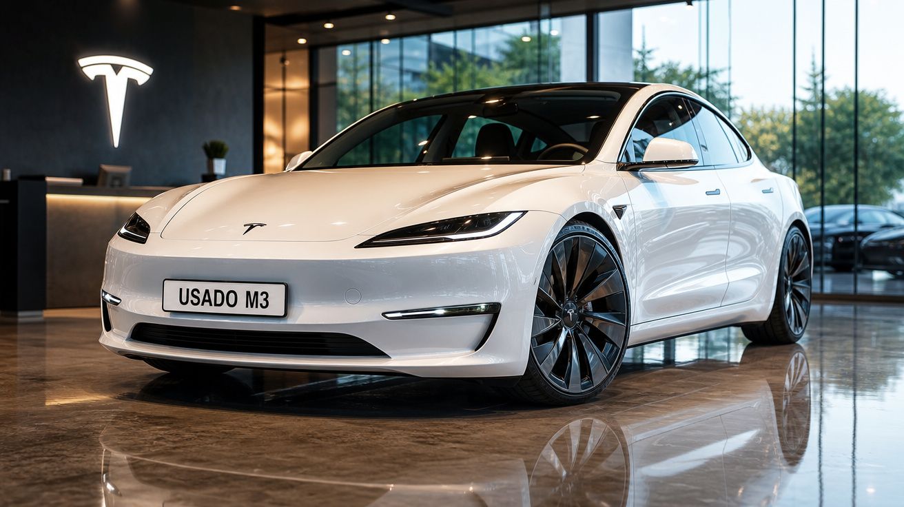Carro elétrico Tesla Model 3 branco exibido numa sala de exposição moderna com piso refletor.