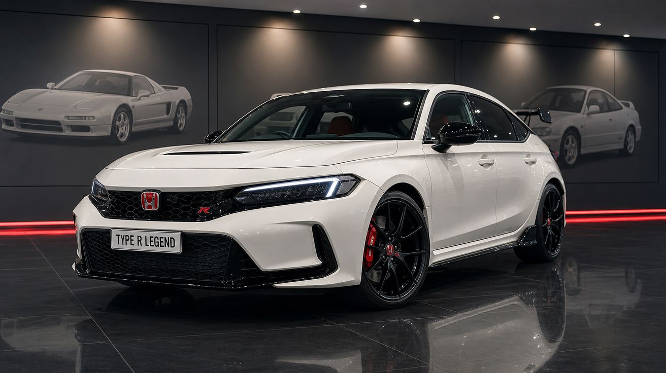 Honda Civic Type R branco estacionado em interior moderno com painéis e iluminação ambiente.