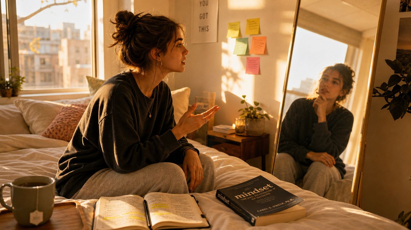 Mulher sentada na cama, a olhar para o espelho, com livro e diário abertos à sua frente no quarto iluminado.