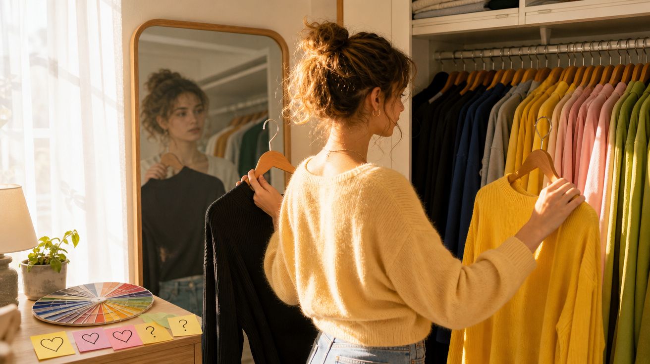 Mulher a escolher entre camisolas preta e amarela frente a armário com roupas coloridas em quarto iluminado.