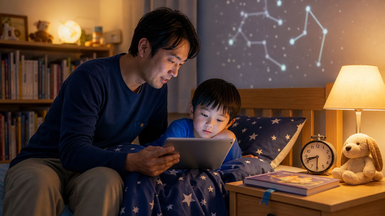 Pai lê história num tablet para filho na cama, ambiente aconchegante com almofadas de estrelas e lâmpada ligada.