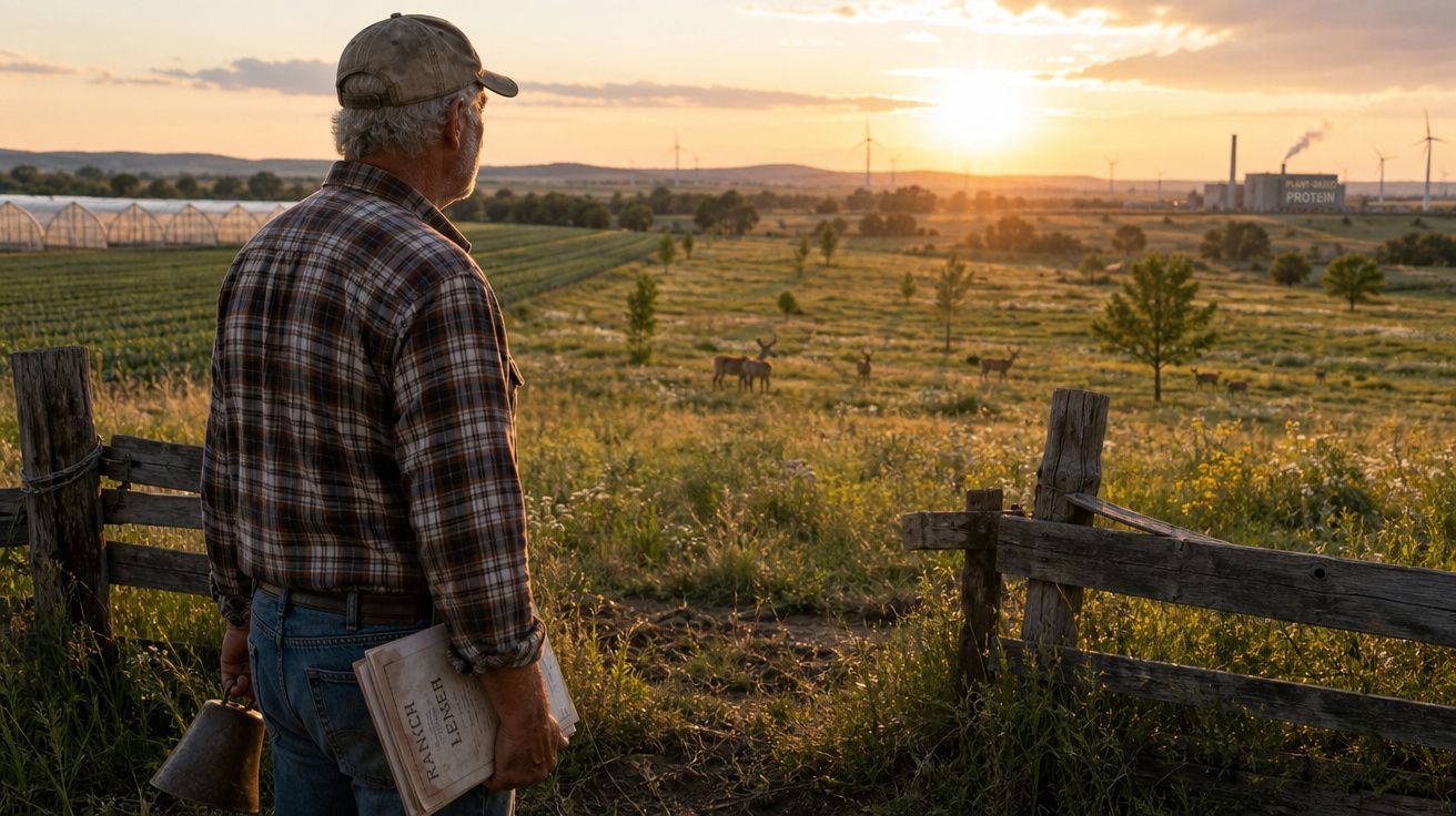 Homem rural com chapéu observa campo ao pôr do sol, segurando sino e jornal na mão.