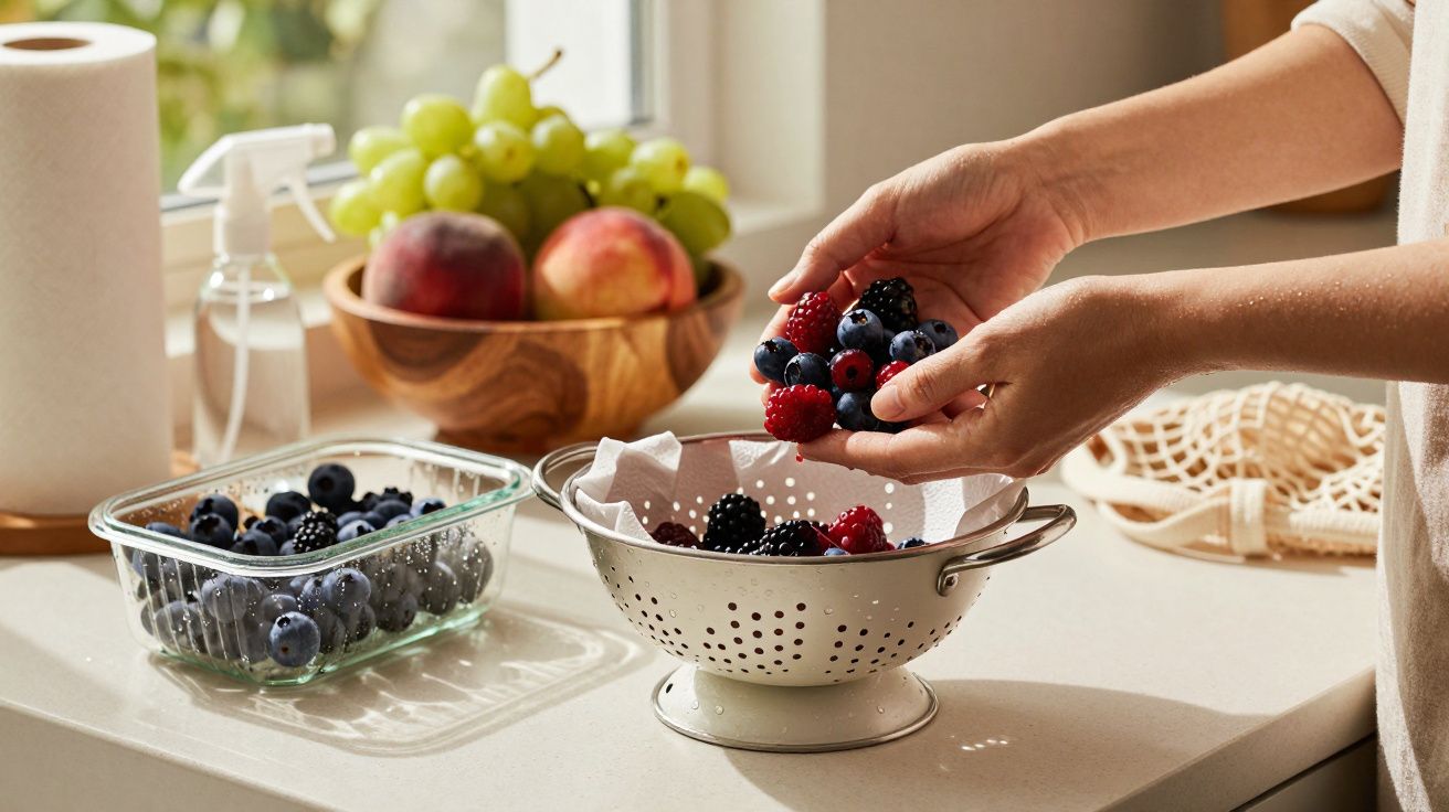Mãos a lavar frutos vermelhos num coador sobre bancada de cozinha com frutas e papel cozinha ao fundo.