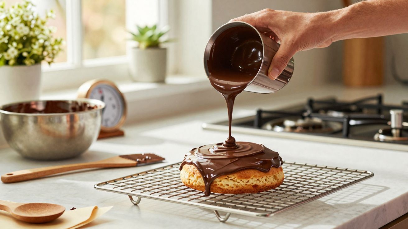 Mão a verter cobertura de chocolate sobre bolo redondo numa grelha na cozinha luminosa.