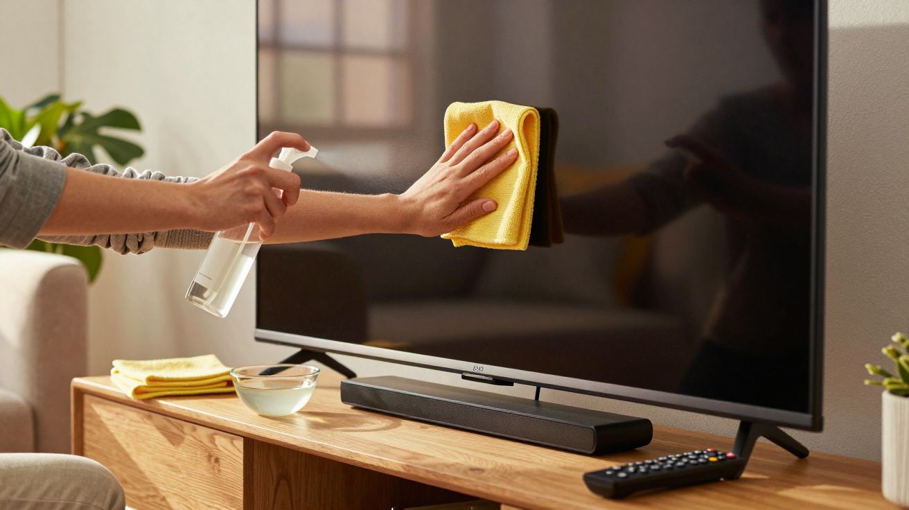 Pessoa a limpar e desinfetar uma televisão com pano amarelo numa sala de estar iluminada.