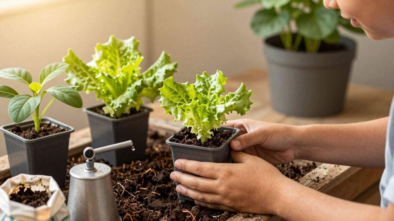 Criança a plantar alface em vaso num tabuleiro de cultivo em ambiente interior iluminado.
