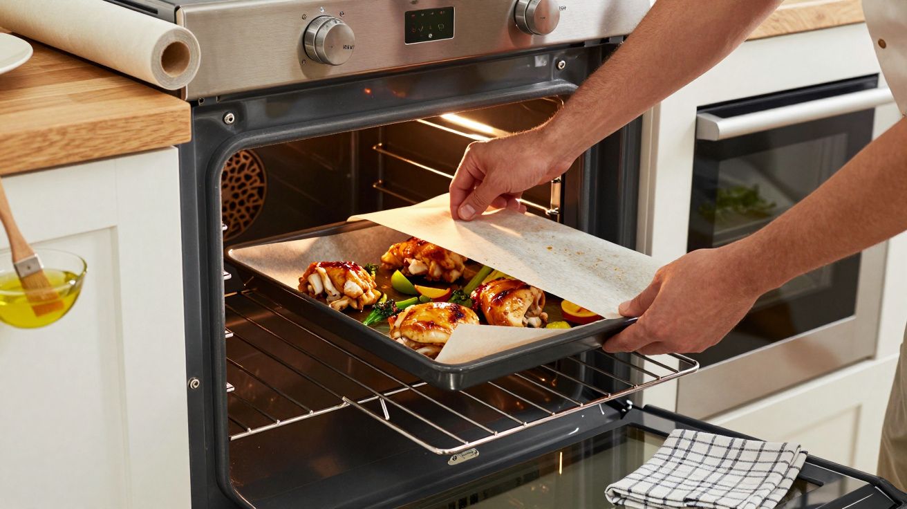 Pessoa a retirar tabuleiro com frango assado do forno numa cozinha moderna.