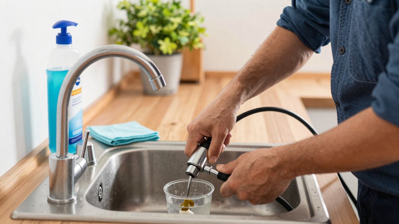 Pessoa a encher um copo com água numa cozinha, junto a uma torneira e detergente azul.