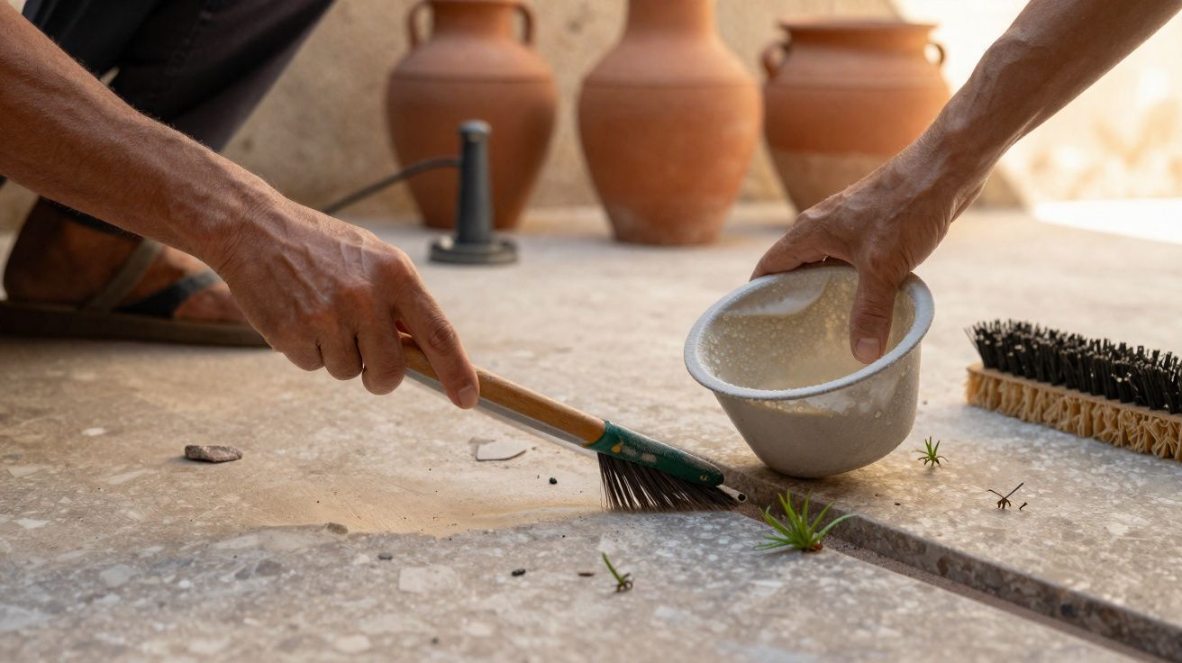 Pessoa a limpar plantas daninhas entre mosaicos no chão com escova e recipiente branco.