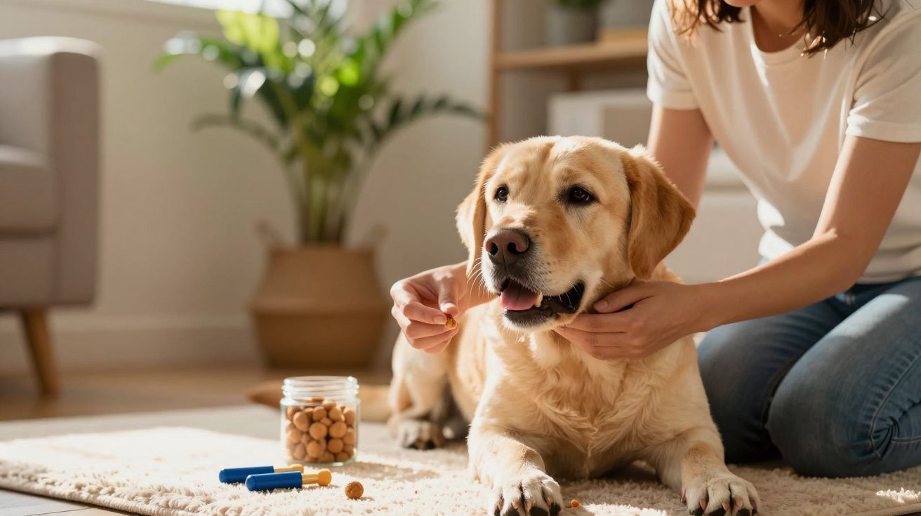 Cão Labrador deitado em tapete enquanto alguém lhe dá um comprimido com jarra de petiscos ao lado.
