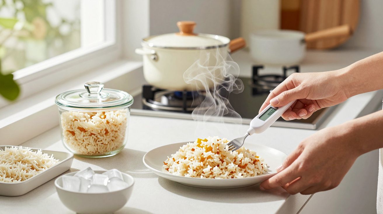 Pessoa a medir a temperatura do arroz quente num prato numa cozinha moderna iluminada pela janela.