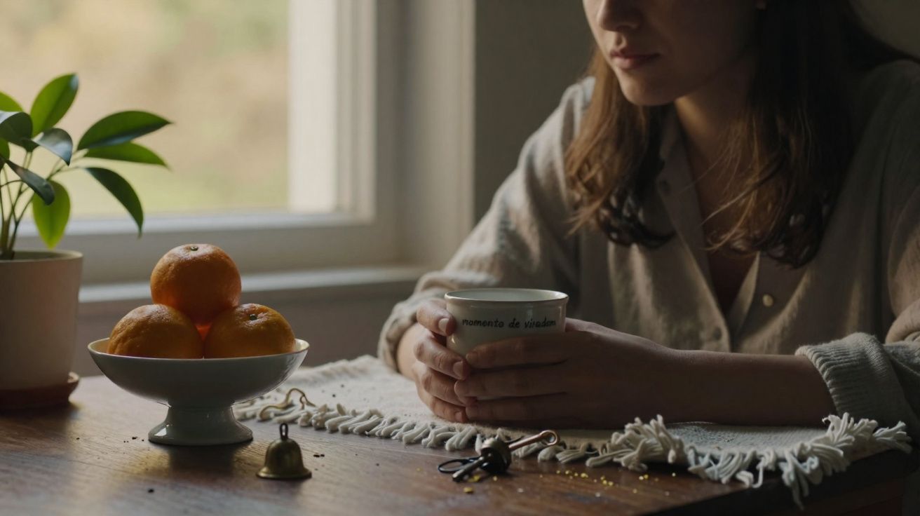 Mulher sentada à mesa a segurar uma chávena, com tangerinas numa taça e uma planta ao lado.