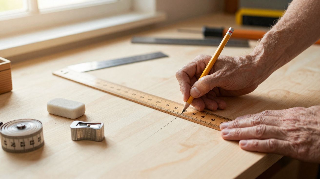 Mãos a desenhar linhas numa tábua de madeira com régua e lápis, com materiais de medição sobre a mesa.