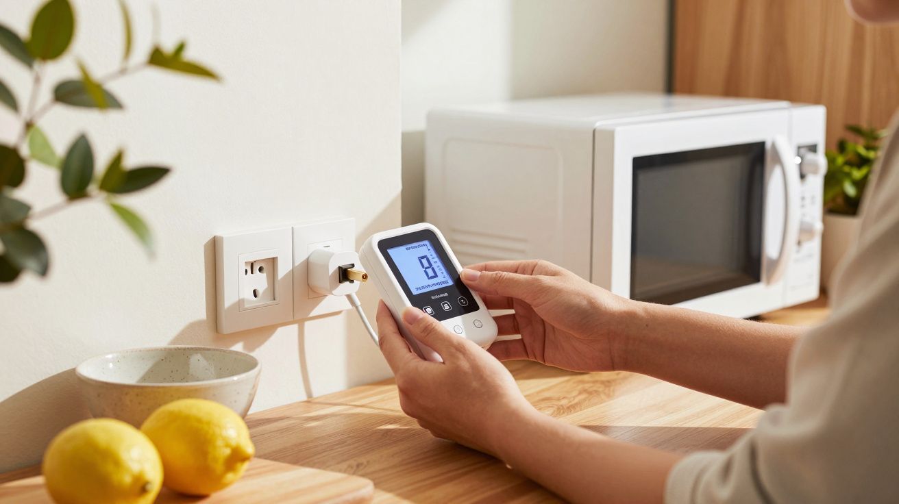 Pessoa a usar monitor de consumo elétrico ligado à tomada na cozinha com micro-ondas e frutas.