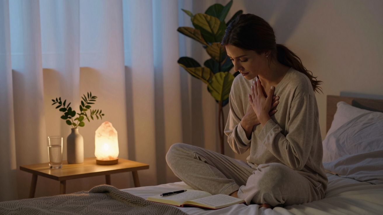 Mulher sentada na cama com as mãos no peito a ler um livro aberto numa noite calma e aconchegante.