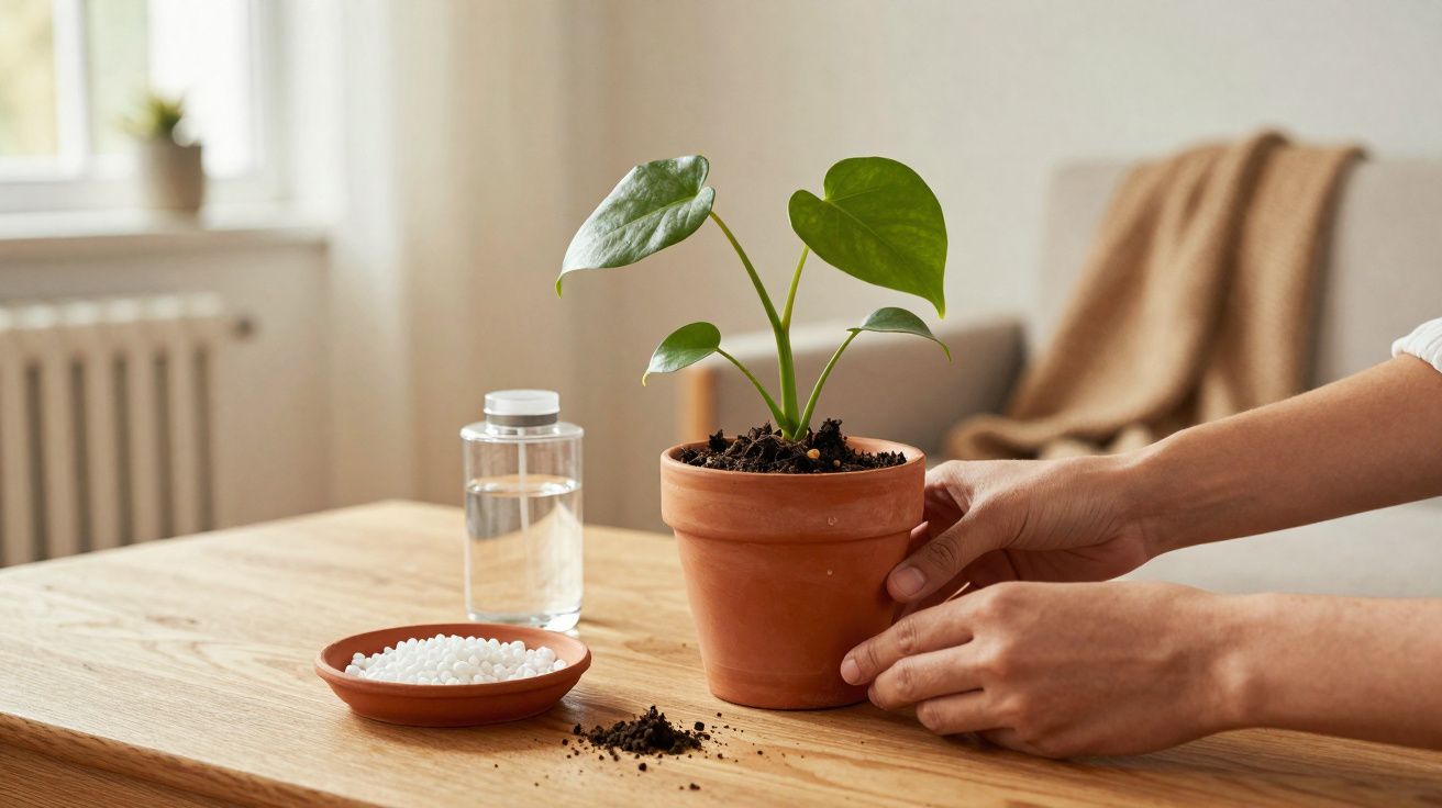 Mãos a cuidar de planta em vaso de barro sobre mesa de madeira com fertilizante e garrafa de água.