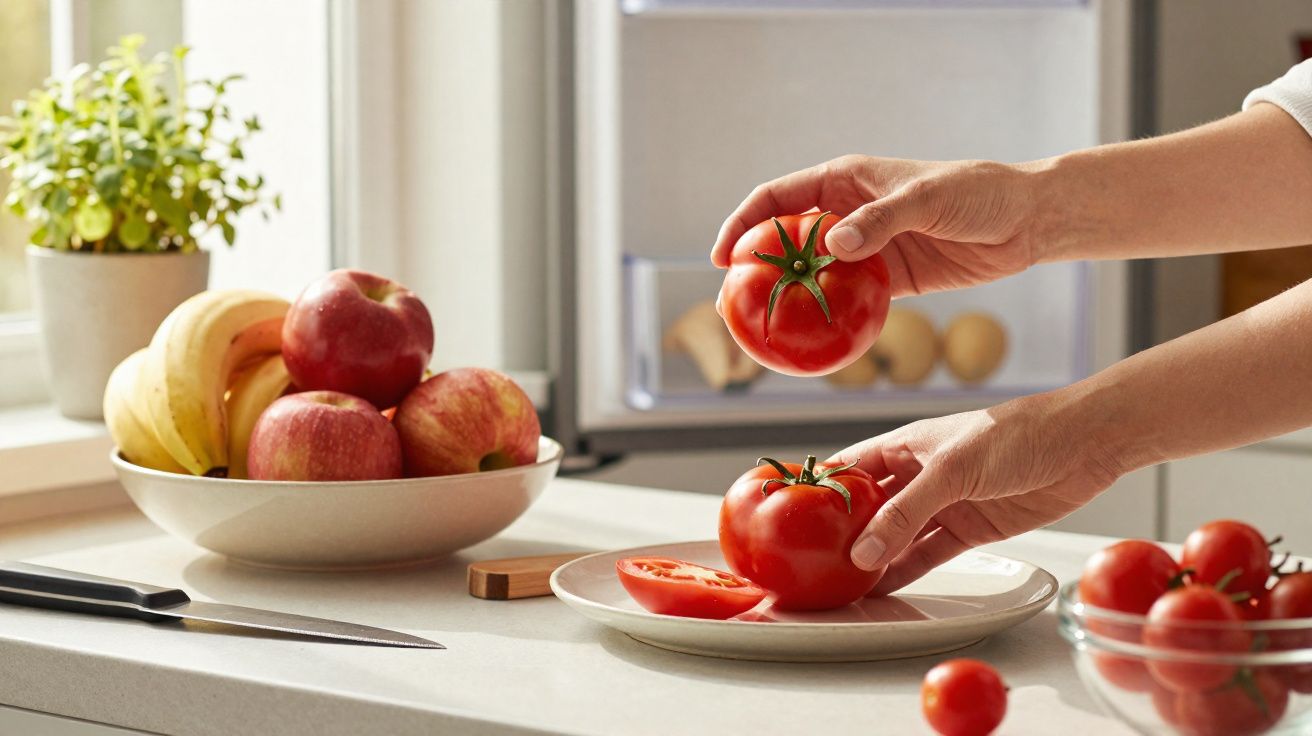 Mãos a segurar tomates maduros sobre uma bancada de cozinha com várias frutas e uma faca.
