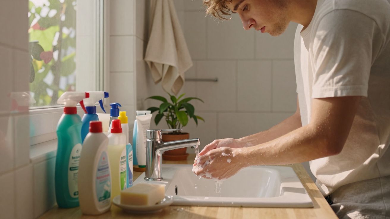 Homem a lavar as mãos com espuma numa casa de banho com vários produtos de higiene ao lado da pia.