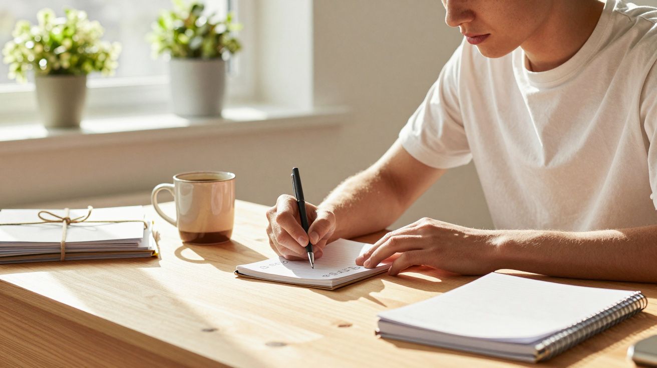 Pessoa a escrever num caderno numa secretária de madeira, com caneca e plantas ao fundo numa janela.