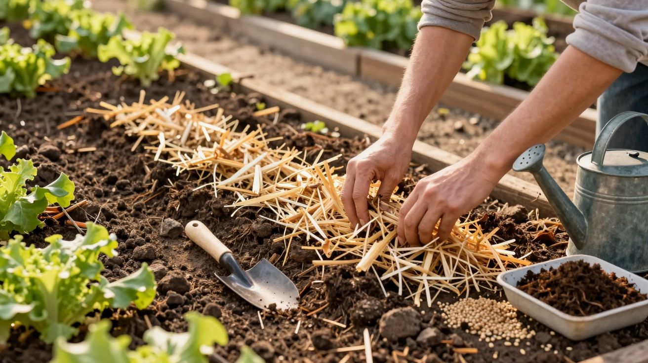Mãos a cobrir terra com palha numa horta, com regador, enxada pequena e sementes visíveis.