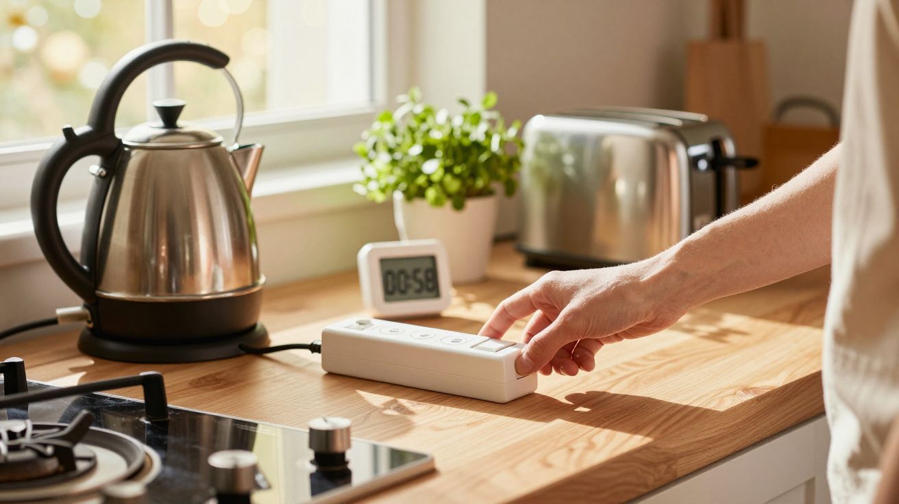 Mão ajusta temporizador digital na cozinha com chaleira, torradeira, planta e fogão a gás ao fundo.