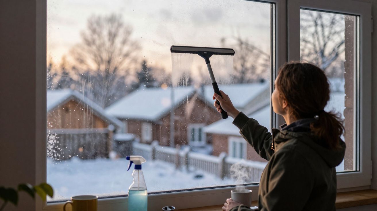 Pessoa a limpar janela húmida com uma raspa, vista de uma casa com neve e chalés no exterior ao pôr do sol.