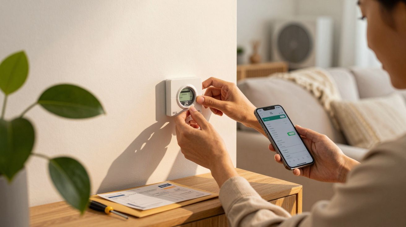 Pessoa ajusta termostato digital na parede enquanto consulta aplicação no telemóvel numa sala de estar.