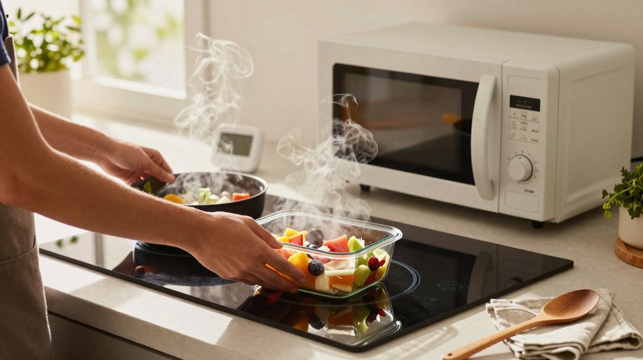 Mãos a cozinhar legumes frescos a vapor numa placa elétrica numa cozinha moderna e iluminada.