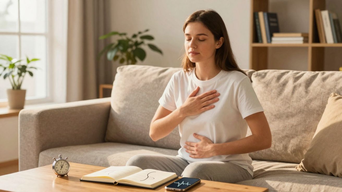 Mulher sentada no sofá com mãos no peito e barriga, olhos fechados, praticando respiração ou meditação.
