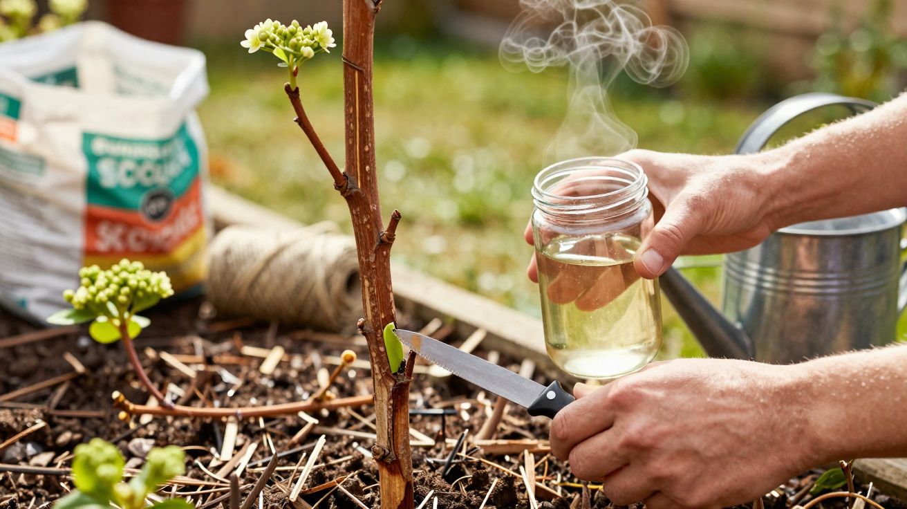 Pessoa a cortar um ramo de planta com faca para aplicar bebida fumegante em jardim.
