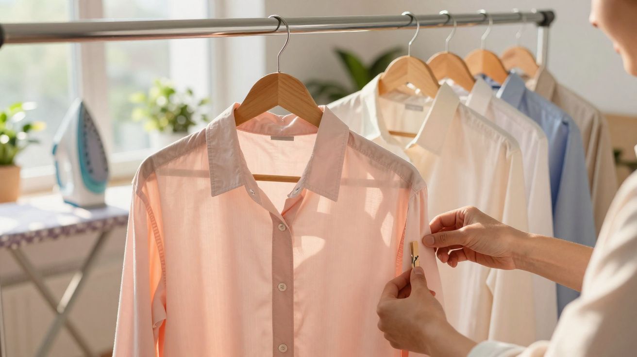 Camisa rosa pendurada com várias camisas ao fundo e pessoa a aplicar um cheirador em forma de coração.
