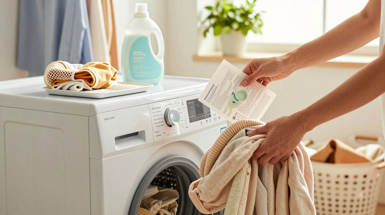 Máquina de lavar roupa branca com pessoa a colocar dose de detergente líquido em casa luminosa.