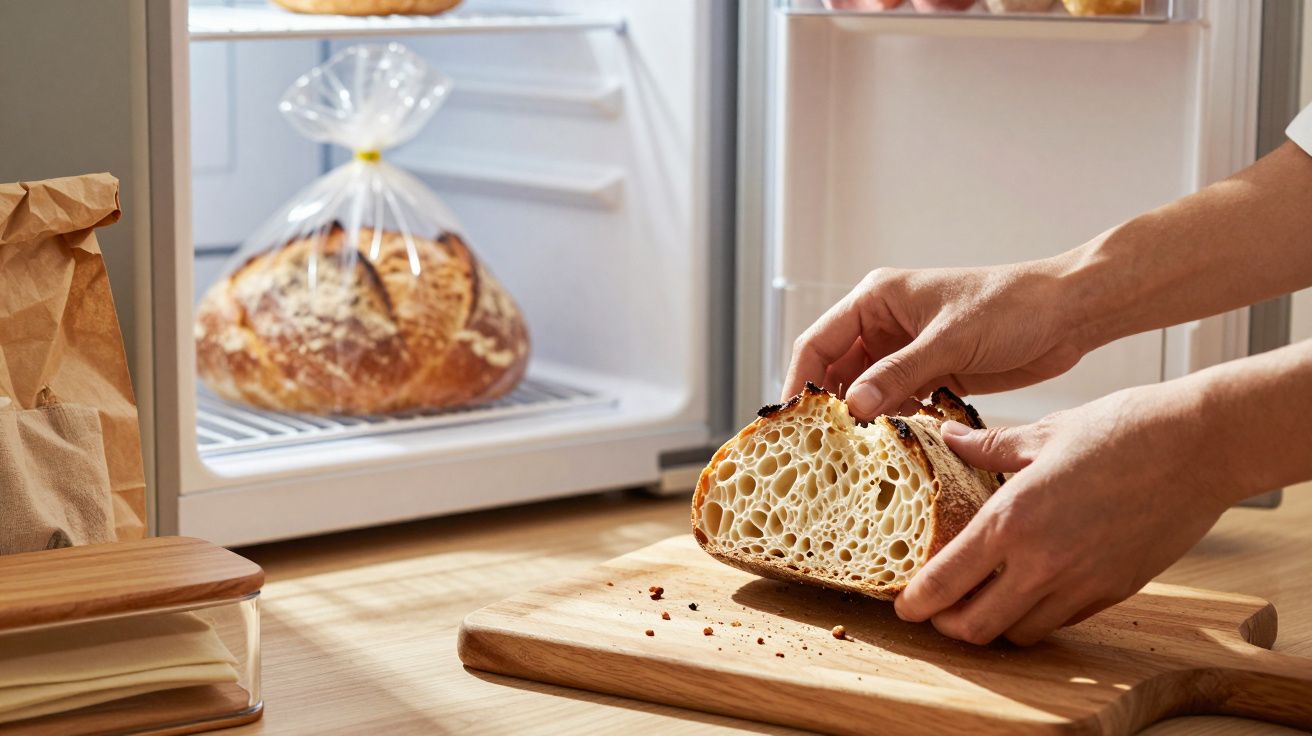 Mãos a partir um pão com interior fofo e buracos, perto de um frigorífico aberto com mais pão embrulhado.