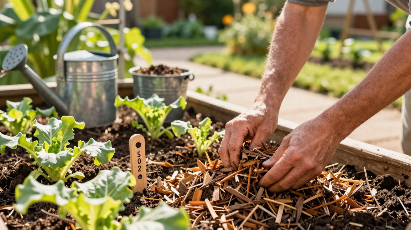 Mãos a cobrir plantas jovens com palha num canteiro de jardim, com regador e caixote ao fundo.